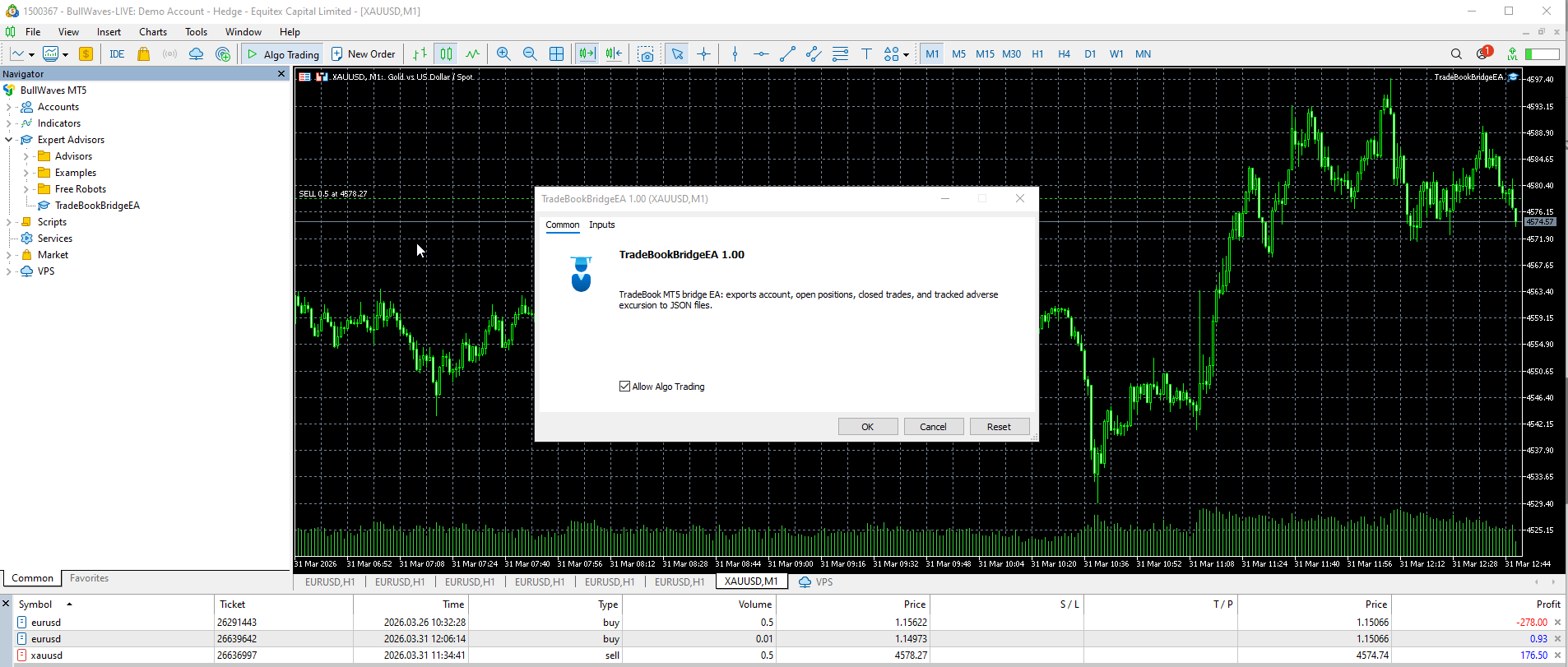 MT5 chart with the JournalDock MT5 EA setup window open.