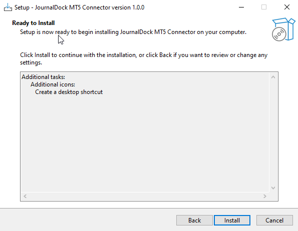 JournalDock MT5 Connector installer wizard ready to install.
