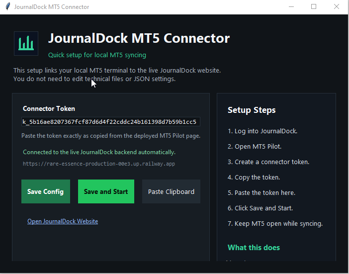 JournalDock MT5 Connector desktop app with token input and Save and Start button.